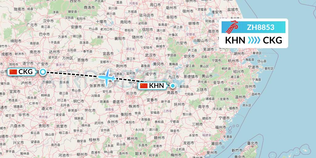 ZH8853 Shenzhen Airlines Flight Map: Nanchang to Chongqing
