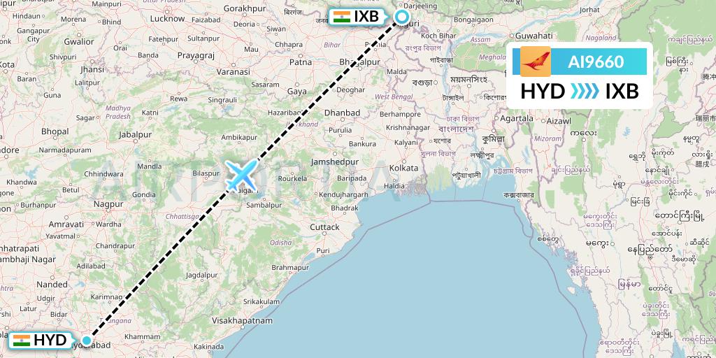 AI9660 Air India Flight Map: Hyderabad to Siliguri