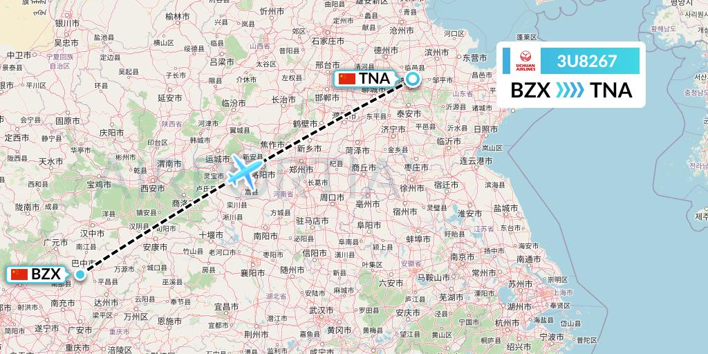 3U8267 Sichuan Airlines Flight Map: Guangyuan to Jinan