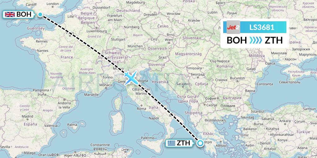 LS3681 Jet2 Flight Map: Bournemouth to Zakynthos