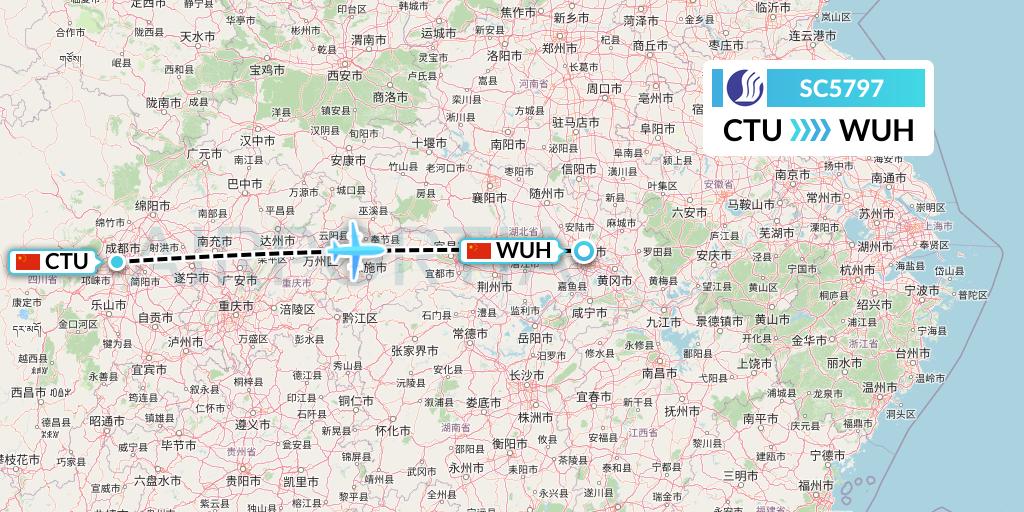 SC5797 Shandong Airlines Flight Map: Chengdu to Wuhan