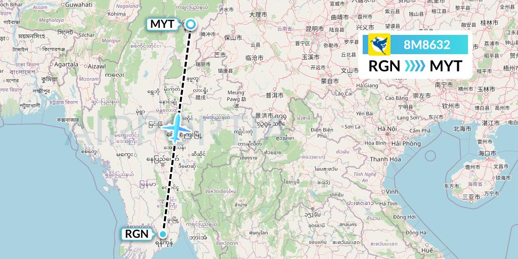 8M8632 Myanmar Airways International Flight Map: Yangon to Myitkyina