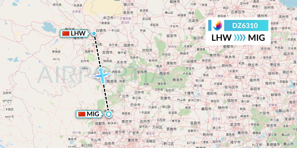 DZ6310 Donghai Airlines Flight Map: Lanzhou to Mianyang