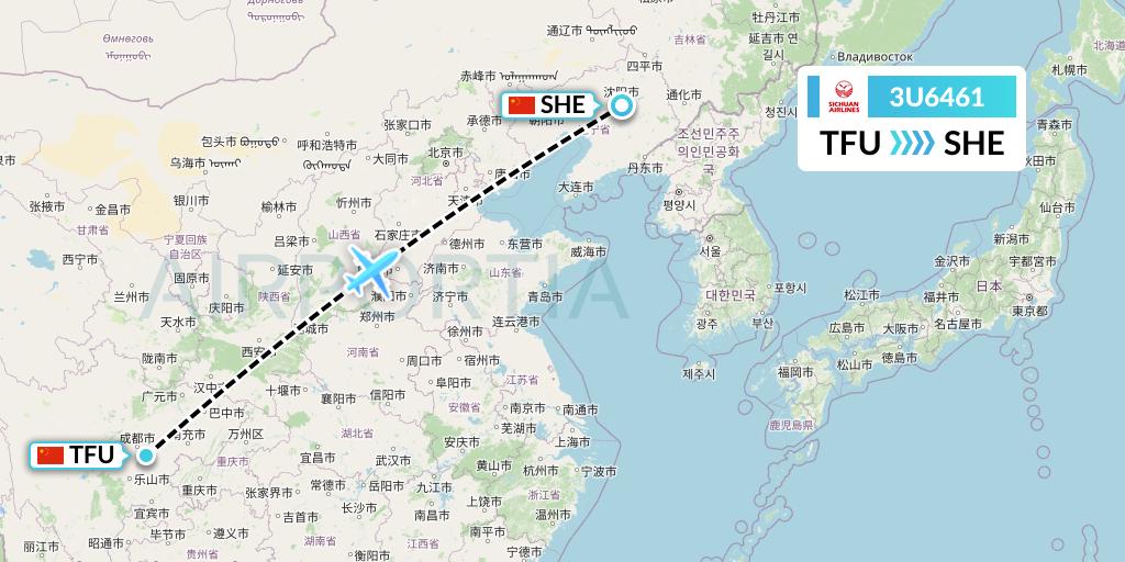 3U6461 Sichuan Airlines Flight Map: Chengdu to Shenyang