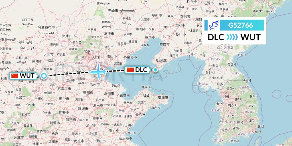 G52766 China Express Airlines Flight Map: Dalian to Taiyuan