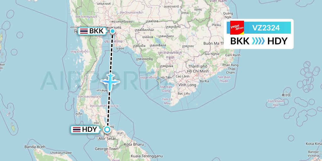 VZ2324 Thai Vietjet Air Flight Map: Bangkok to Hat Yai