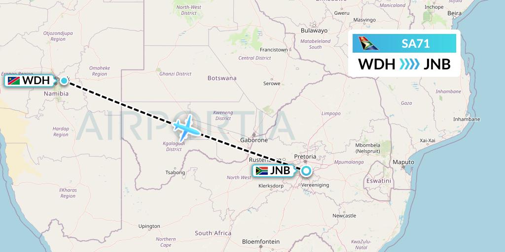 SA71 South African Airways Flight Map: Windhoek to Johannesburg