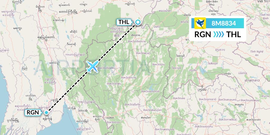 8M8834 Myanmar Airways International Flight Map: Yangon to Tachilek
