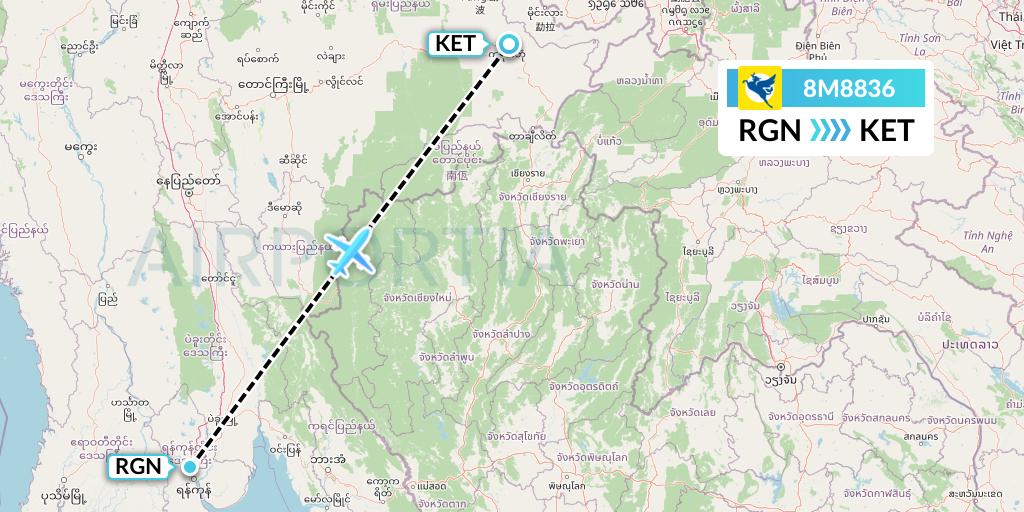 8M8836 Myanmar Airways International Flight Map: Yangon to Kengtung