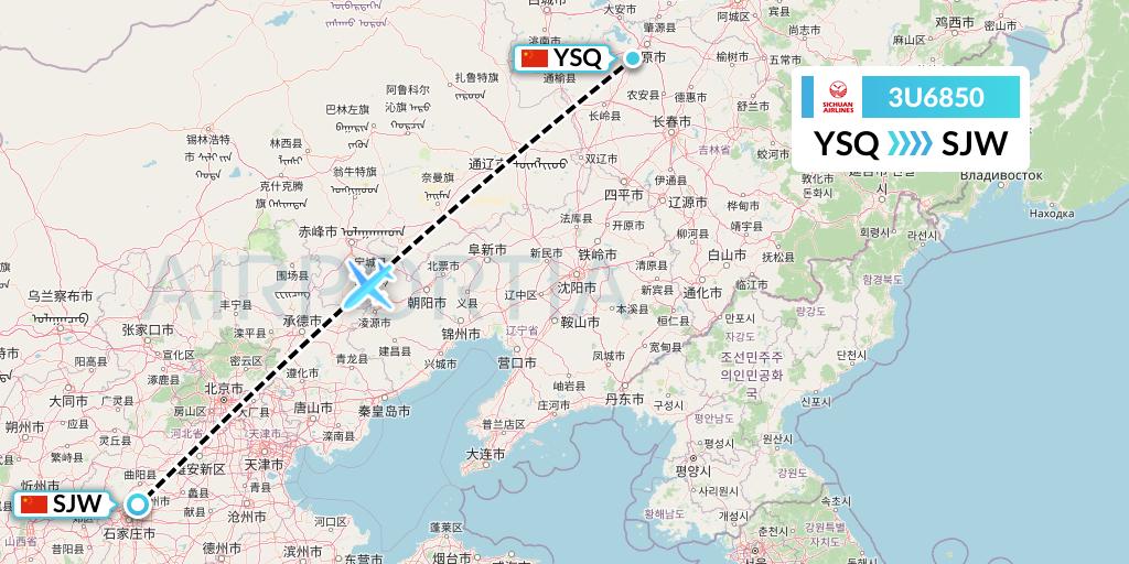 3U6850 Sichuan Airlines Flight Map: Songyuan to Shijiazhuang