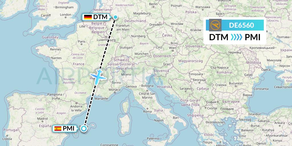 DE6560 Condor Flight Map: Dortmund to Palma de Mallorca