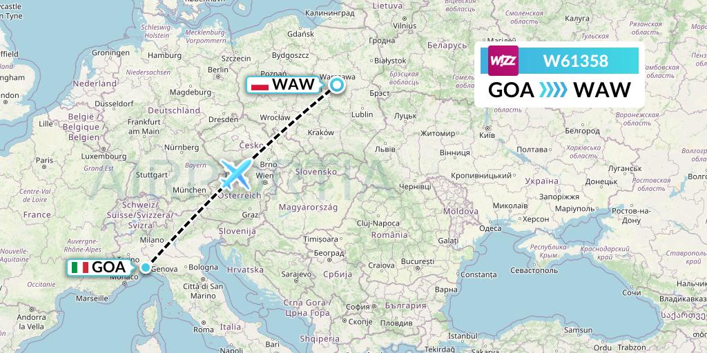 W61358 Wizz Air Flight Map: Genoa to Warsaw