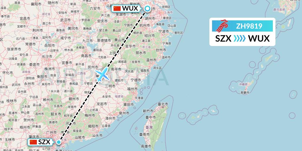 ZH9819 Shenzhen Airlines Flight Map: Shenzhen to Wuxi