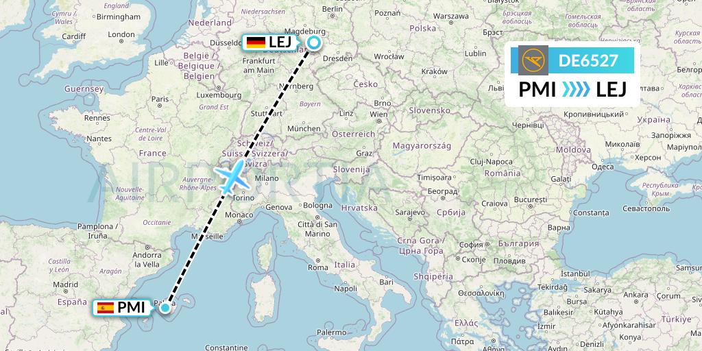 DE6527 Condor Flight Map: Palma de Mallorca to Leipzig
