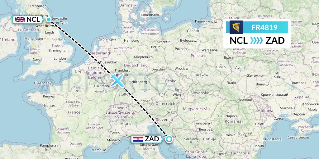 FR4819 Ryanair Flight Map: Newcastle to Zadar