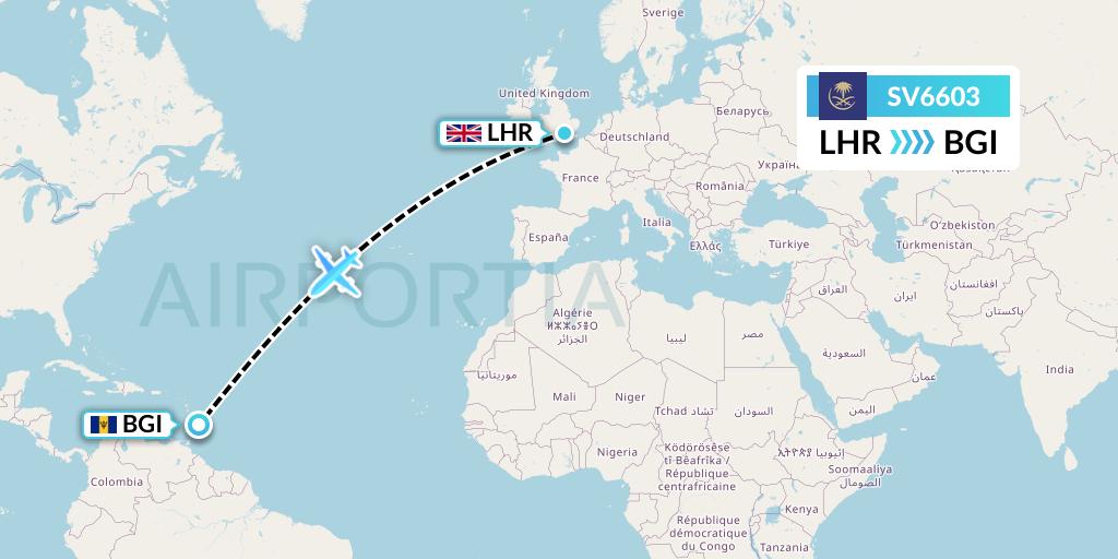 SV6603 Saudi Arabian Airlines Flight Map: London to Bridgetown