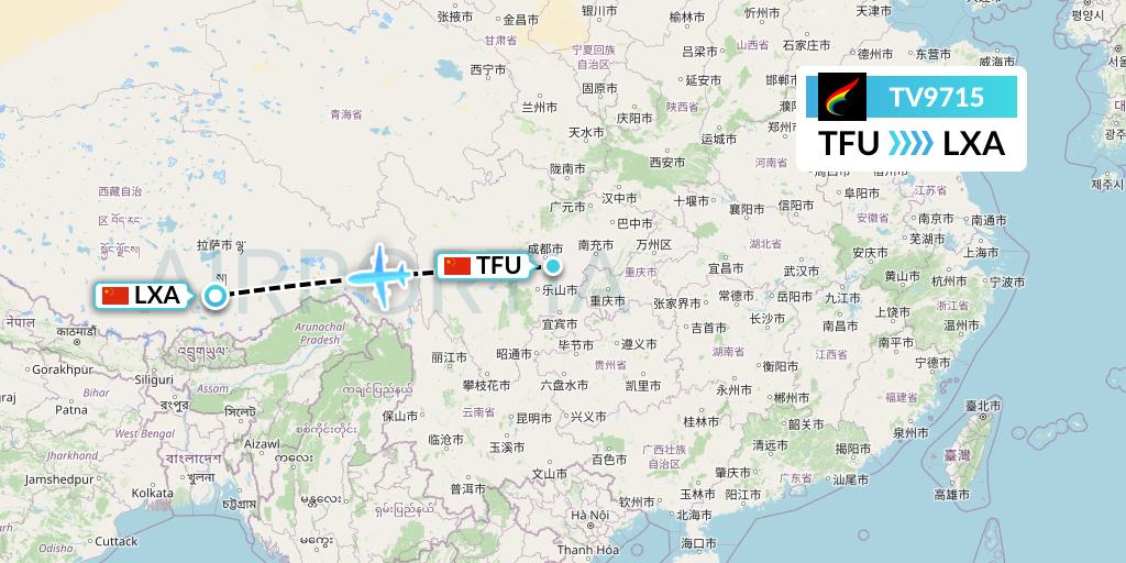 TV9715 Tibet Airlines Flight Map: Chengdu to Lhasa