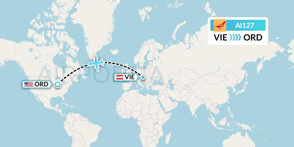 AI127 Air India Flight Map: Vienna to Chicago