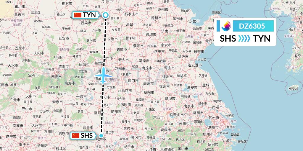 DZ6305 Donghai Airlines Flight Map: Shashi to Taiyuan