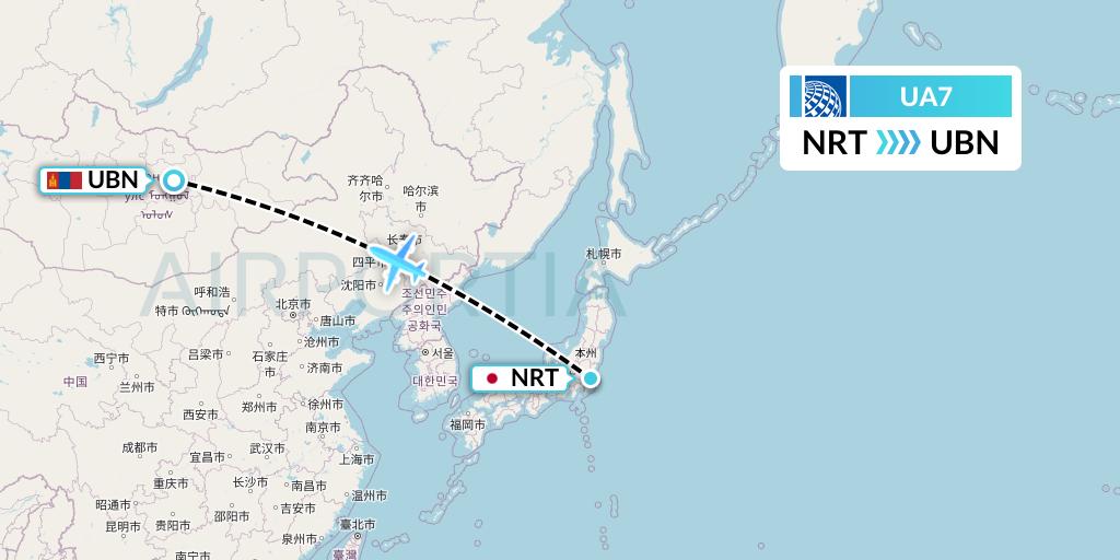 UA7 United Airlines Flight Map: Tokyo to Ulan Bator