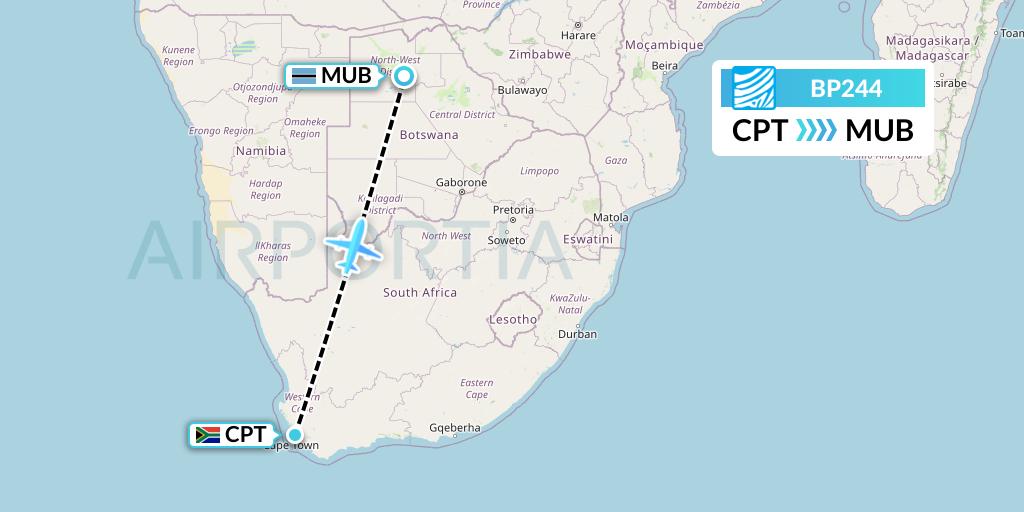 BP244 Air Botswana Flight Map: Cape Town to Maun