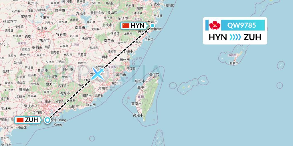 QW9785 Qingdao Airlines Flight Map: Huangyan to Zhuhai