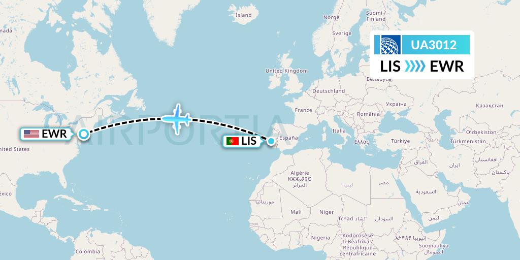 UA3012 United Airlines Flight Map: Lisbon to New York