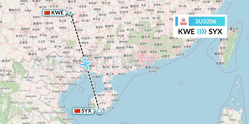 3U3206 Sichuan Airlines Flight Map: Guiyang to Sanya
