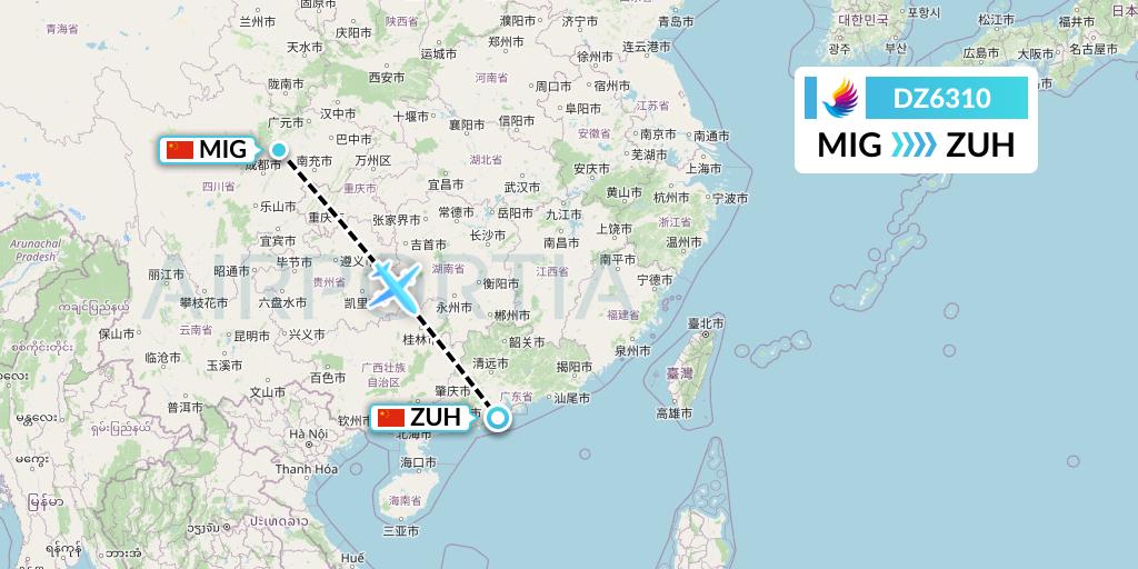 DZ6310 Donghai Airlines Flight Map: Mianyang to Zhuhai