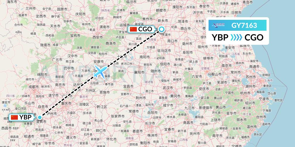 GY7163 Colorful GuiZhou Airlines Flight Map: Yibin to Zhengzhou