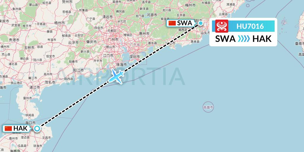 HU7016 Hainan Airlines Flight Map: Jieyang to Haikou