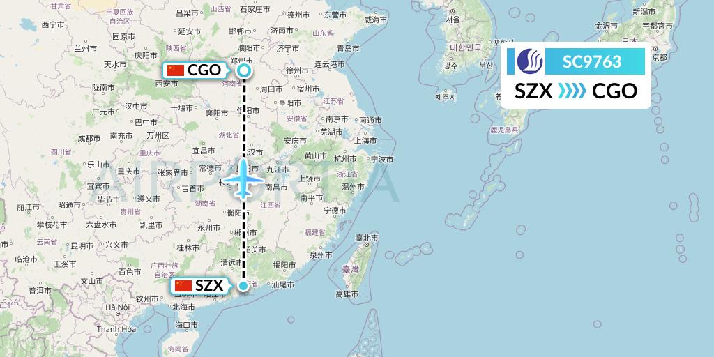 SC9763 Shandong Airlines Flight Map: Shenzhen to Zhengzhou