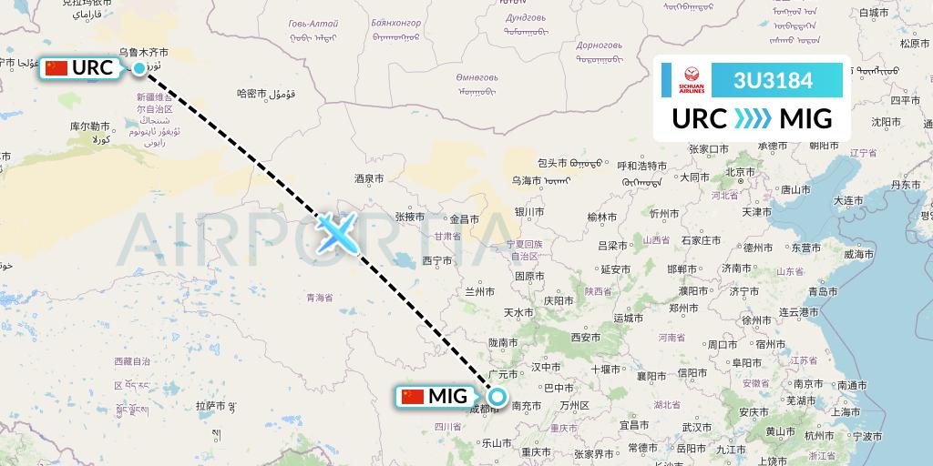 3U3184 Sichuan Airlines Flight Map: Urumqi to Mianyang