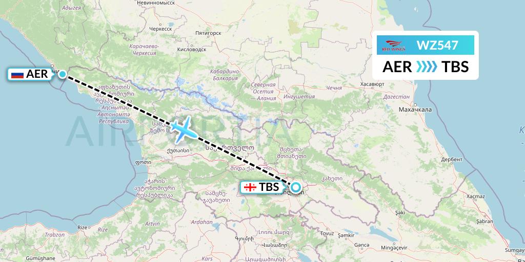 WZ547 Red Wings Flight Map: Sochi to Tbilisi