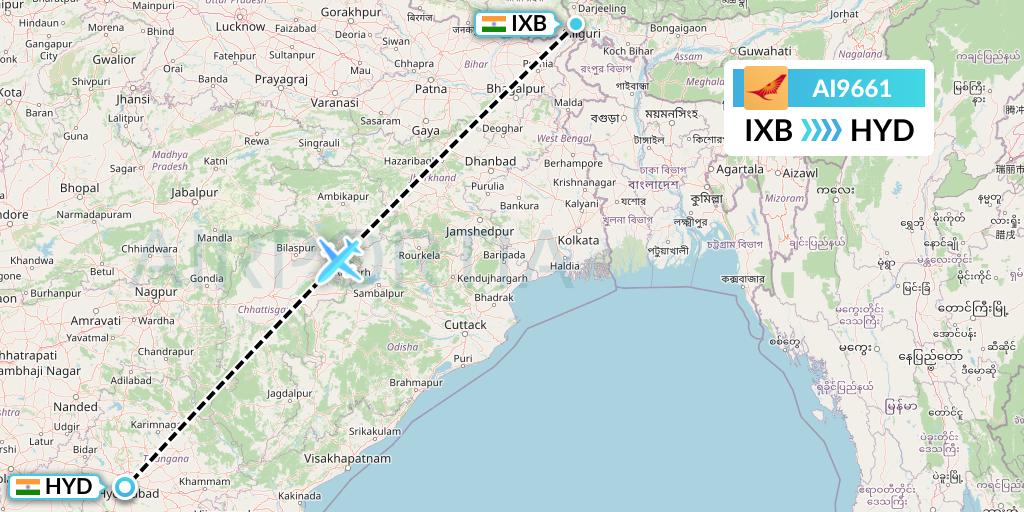 AI9661 Air India Flight Map: Siliguri to Hyderabad