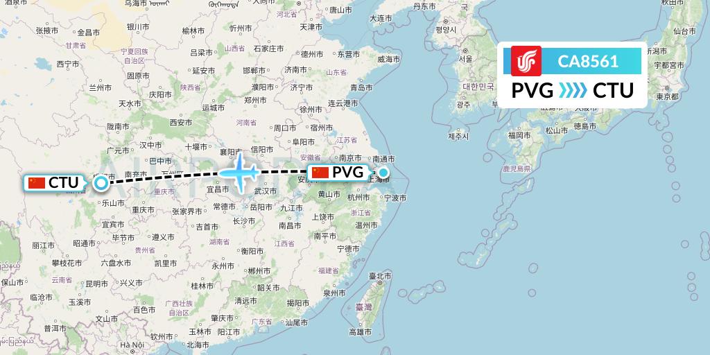 CA8561 Air China Flight Map: Shanghai to Chengdu