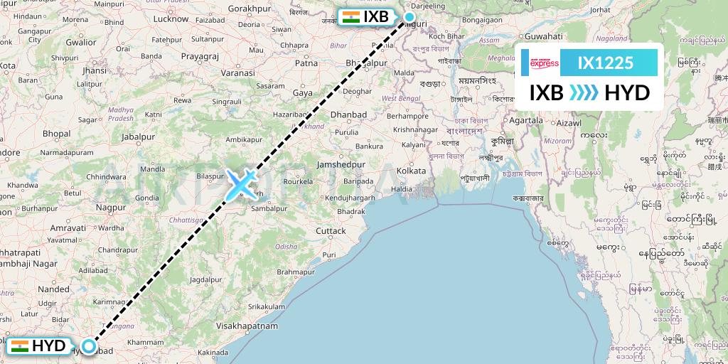 IX1225 Air India Express Flight Map: Siliguri to Hyderabad
