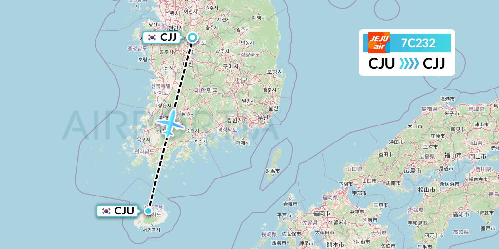 7C232 Jeju Air Flight Map: Jeju to Cheongju