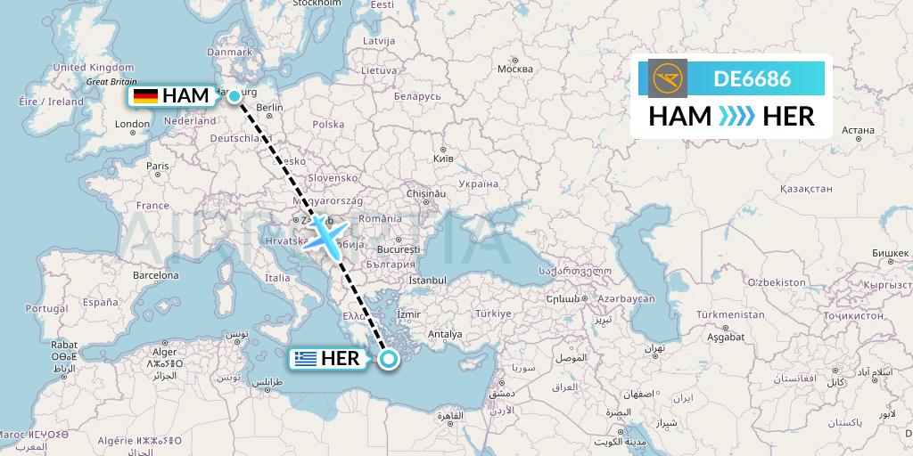 DE6686 Condor Flight Map: Hamburg to Heraklion