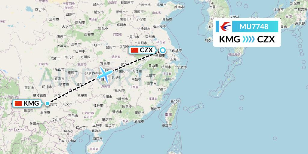 MU7748 China Eastern Airlines Flight Map: Kunming to Changzhou
