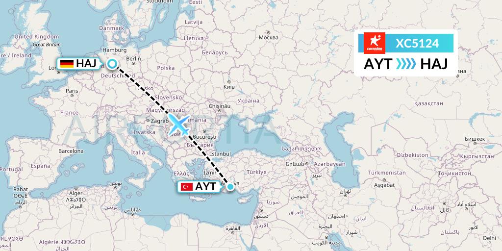 XC5124 Corendon Airlines Flight Map: Antalya to Hannover