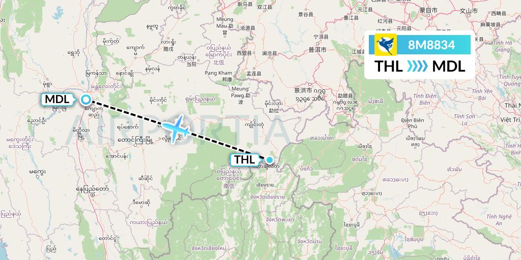 8M8834 Myanmar Airways International Flight Map: Tachilek to Mandalay