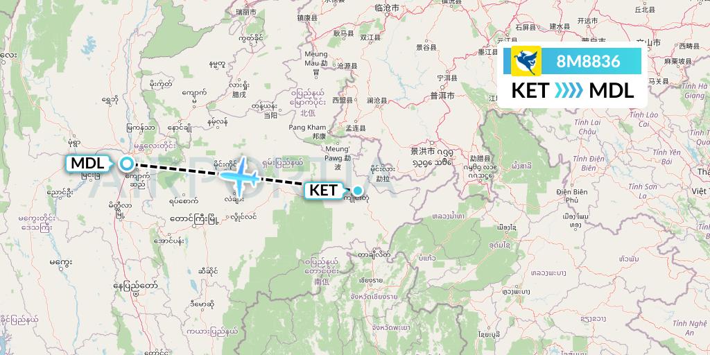 8M8836 Myanmar Airways International Flight Map: Kengtung to Mandalay