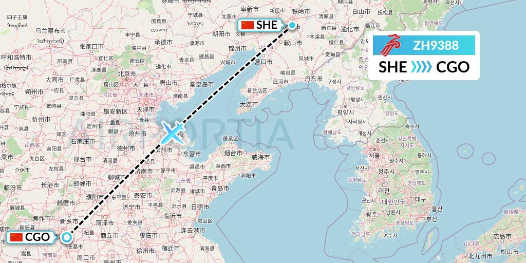 ZH9388 Shenzhen Airlines Flight Map: Shenyang to Zhengzhou