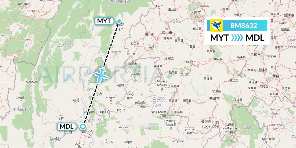 8M8632 Myanmar Airways International Flight Map: Myitkyina to Mandalay