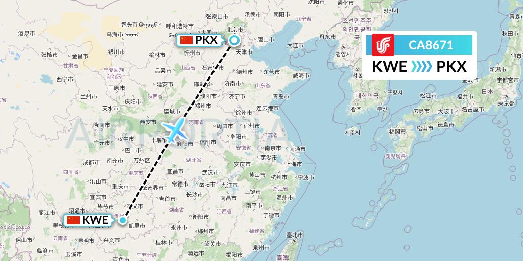 CA8671 Air China Flight Map: Guiyang to Beijing