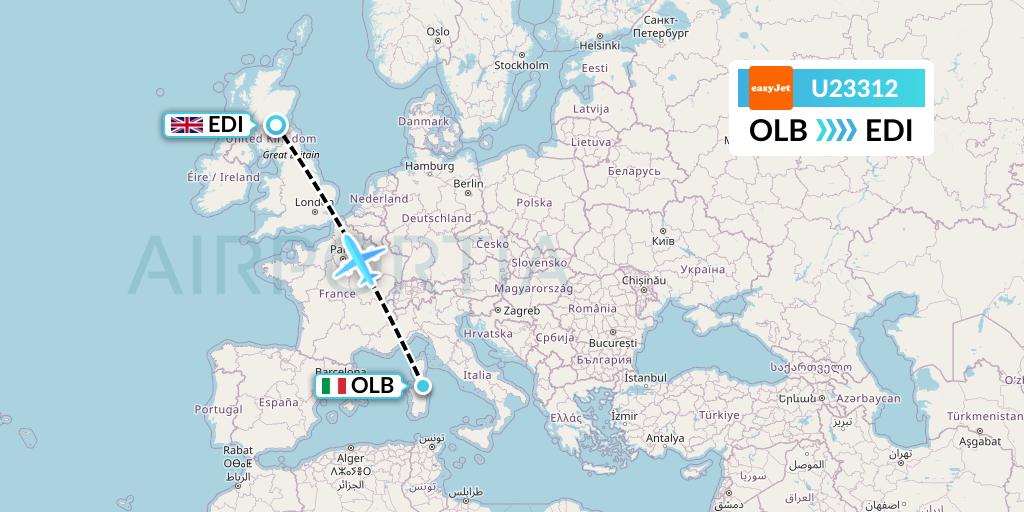 U23312 EasyJet Flight Map: Olbia to Edinburgh