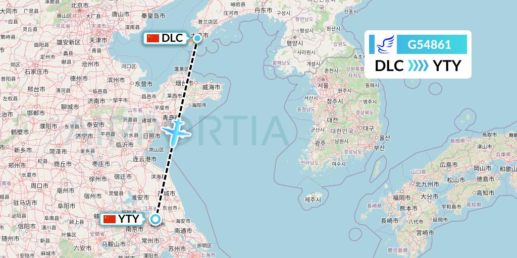 G54861 China Express Airlines Flight Map: Dalian to Yangzhou