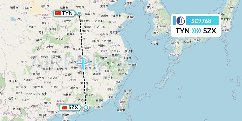 SC9768 Shandong Airlines Flight Map: Taiyuan to Shenzhen