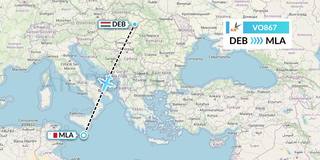 VO867 Voyage Air Flight Map: Debrecen to Malta